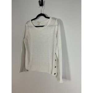 Eileen Fisher Organic Linen White Sz M Blouse Side Button Details Long‎ Sleeve
